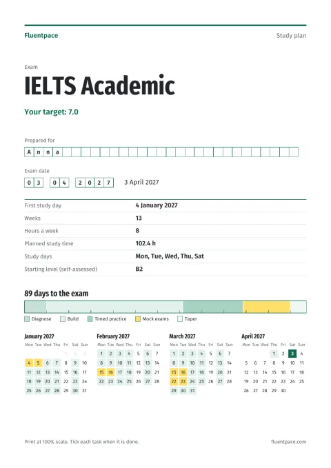 Cover: your exam, target, exam date and countdown