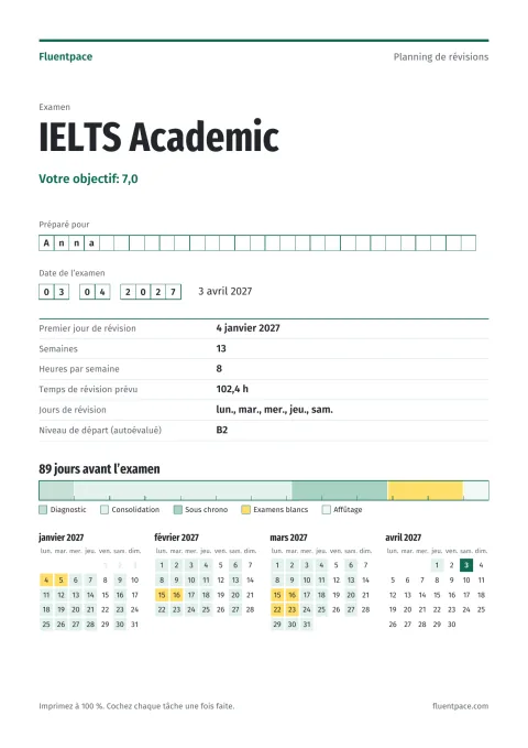 Couverture : votre examen, votre objectif, la date de l’examen et le compte à rebours