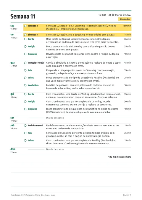 Uma semana: tarefas com data e minutos; o simulado em destaque
